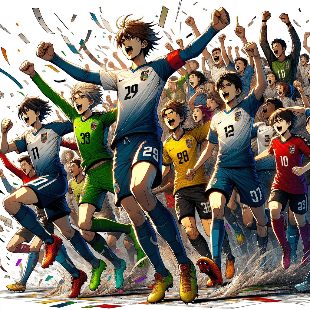 イナズマイレブンのキャラクターたちが、RPGのバトル画面風に勝利を喜んでいる様子。チームの多様性と熱い雰囲気を表現。