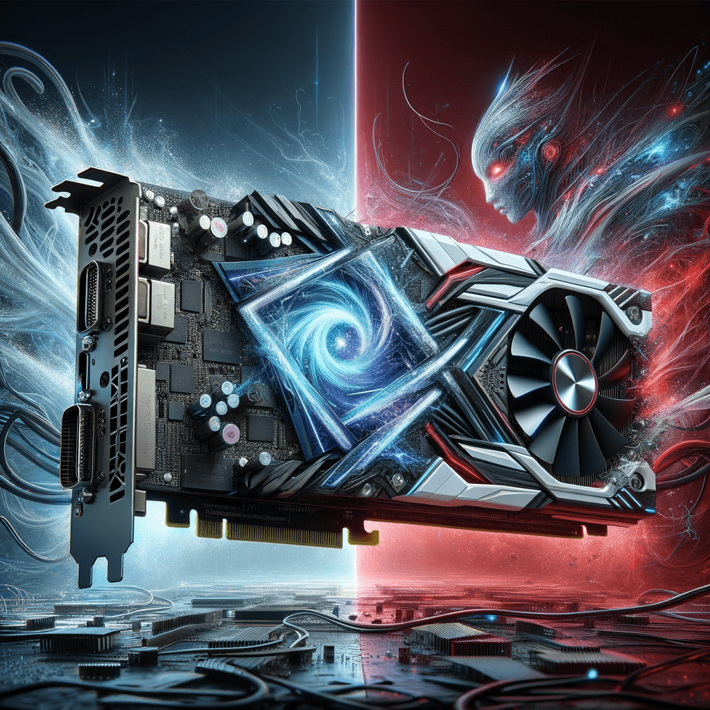 NVIDIA GeForce RTX 4090とAMD Radeon RX 7800 XTのグラフィックボードを並べた画像。性能の違いを視覚的に表現。