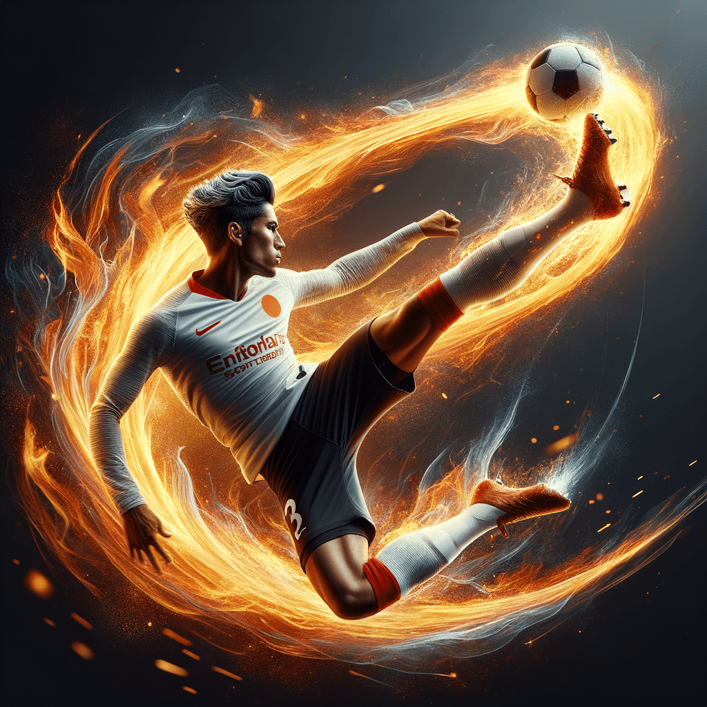 イナズマイレブンの必殺技「ファイアトルネード」を繰り出す瞬間。炎のエフェクトを強調し、アニメ調の迫力を出す。