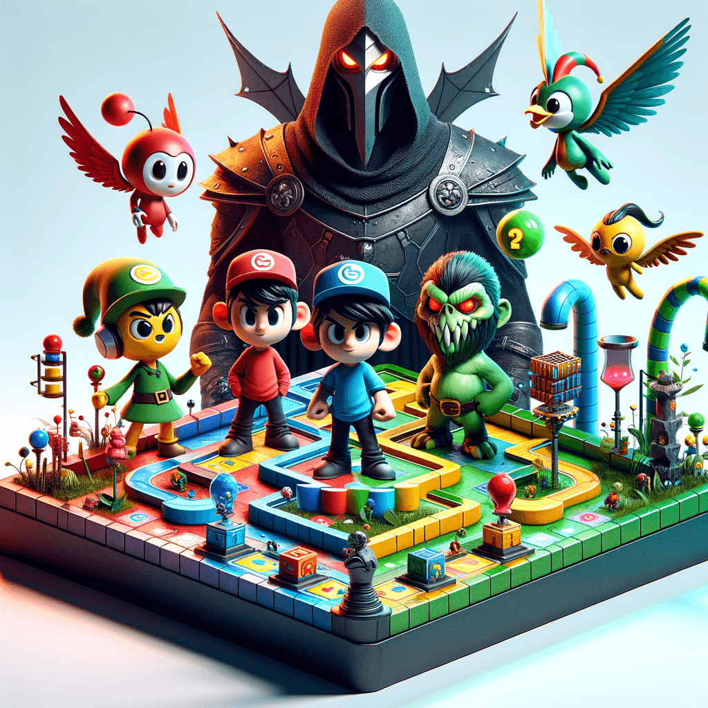 マリオパーティ スーパースターズのゲーム画面をイメージした画像。マリオ、ルイージ、ピーチ、クッパなどのキャラクターが、賑やかなボードゲーム上でミニゲームを楽しんでいる様子を描写しています。