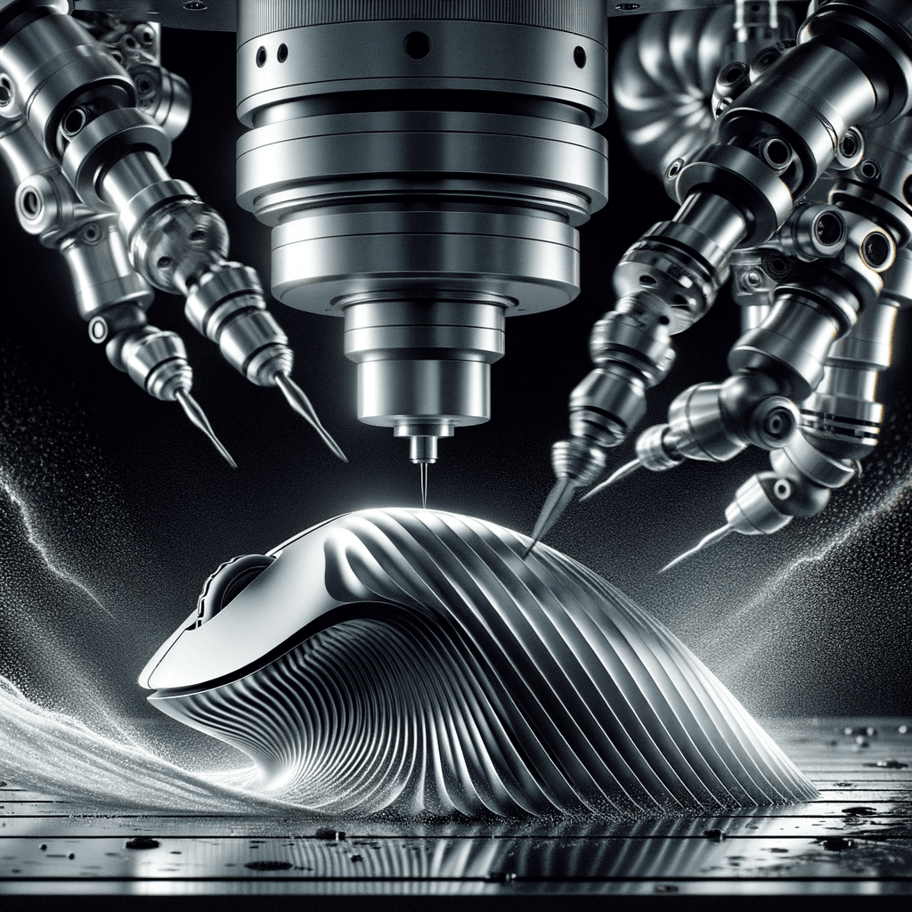 CNCマシンが合金マグネシウムの塊からマウスのシェルを削り出している様子。精密な加工技術と高品質な素材が組み合わさり、合金マグネシウムマウスの製造工程における技術的な優位性を視覚的に表現。