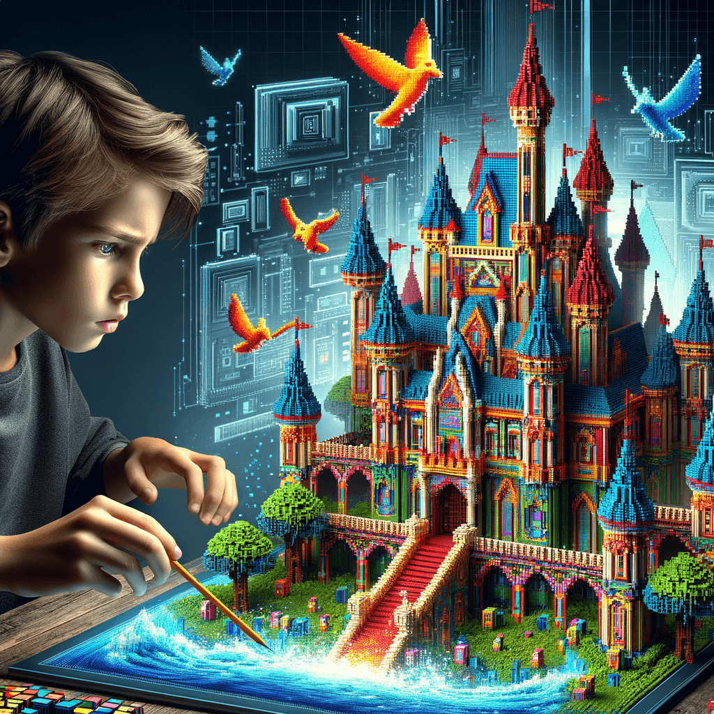 マインクラフトで子供が創造的な世界を築いている様子をイメージした画像。カラフルなブロックで構成された世界で、子供が楽しそうに城を建築している様子を描写しています。