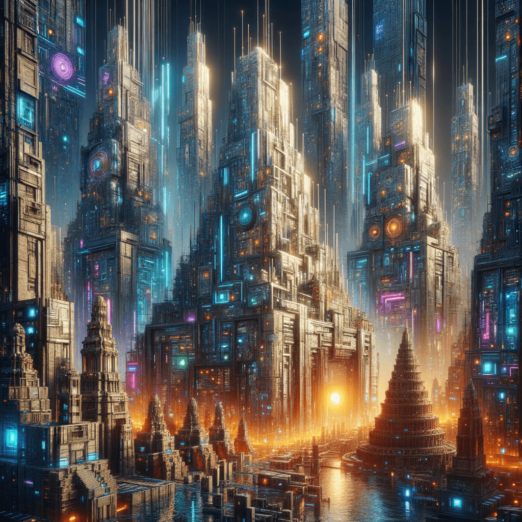 ネオン輝くサイバーパンク都市「ネオ・アルカディア」と、古代遺跡「データ・カタコンベ」が融合したディストピア的な風景。退廃的で孤独な雰囲気を強調。