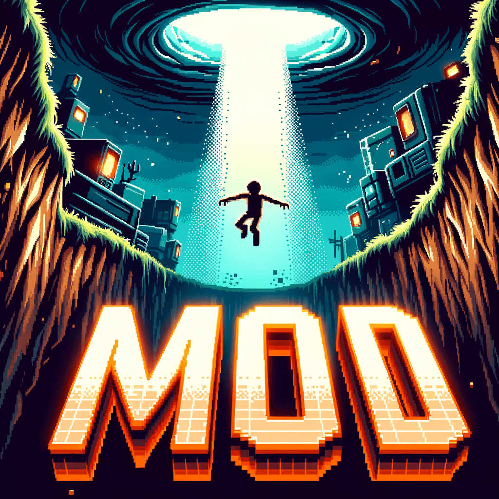 Core Keeperのキャラクターが、MOD導入におけるバージョン問題という落とし穴に落ちていく様子を表現。MODという言葉が書かれた看板が危険を暗示しています。