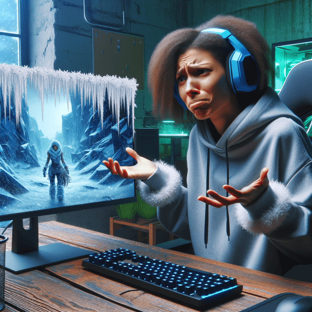 ラグによってゲームが中断され、苛立ちを隠せないゲーマーのイメージ。フリーズした画面とゲームインターフェースがポイント。