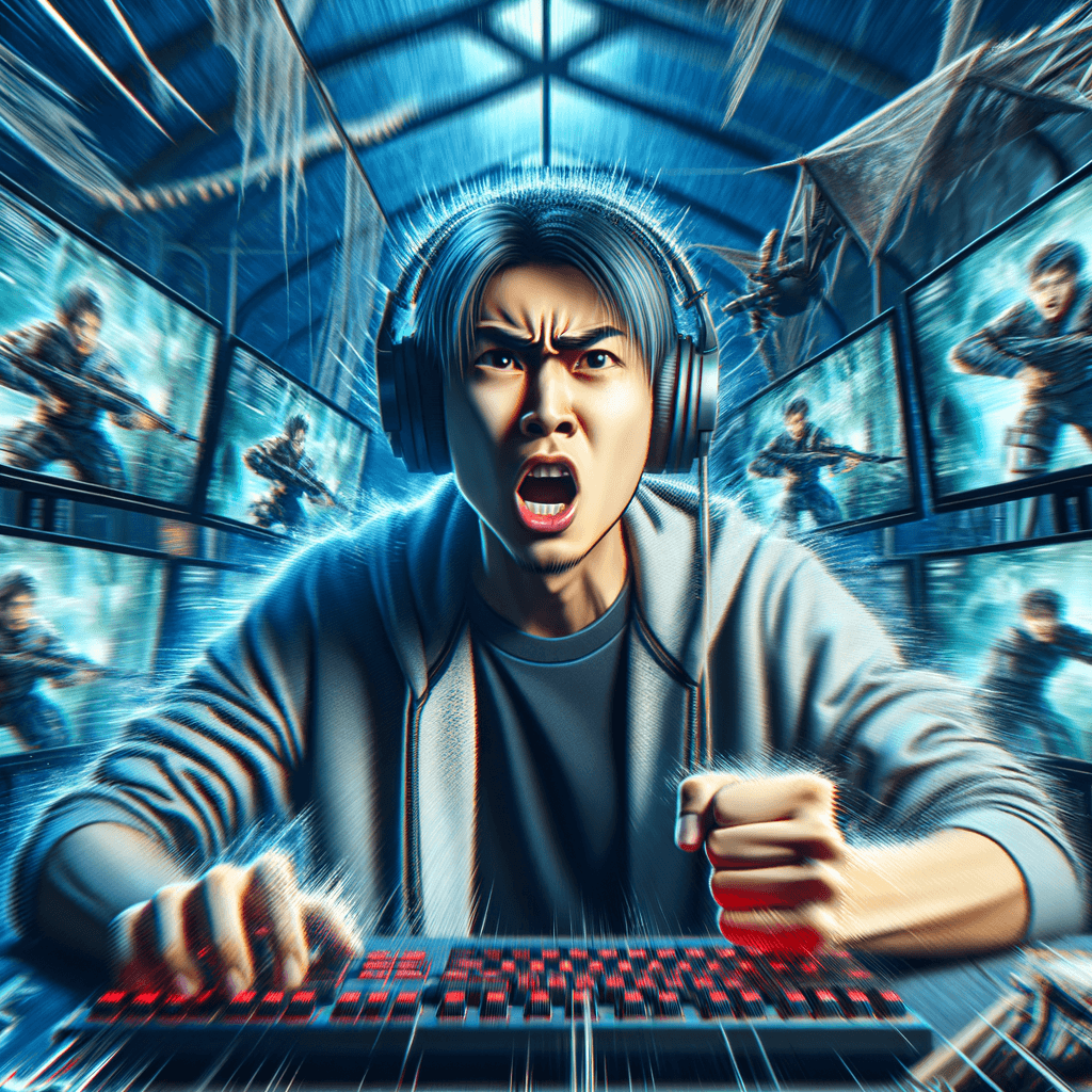 オンラインゲーム中にラグが発生し、困惑しているゲーマーの様子。画面が固まり、キャラクターの動きが遅れている様子を描写。