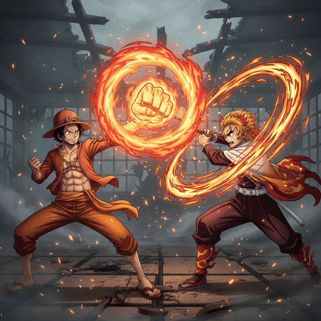 エースの火拳と煉獄の炎の呼吸が激突するシーン。ゲーム内の戦闘フレームをイメージ。