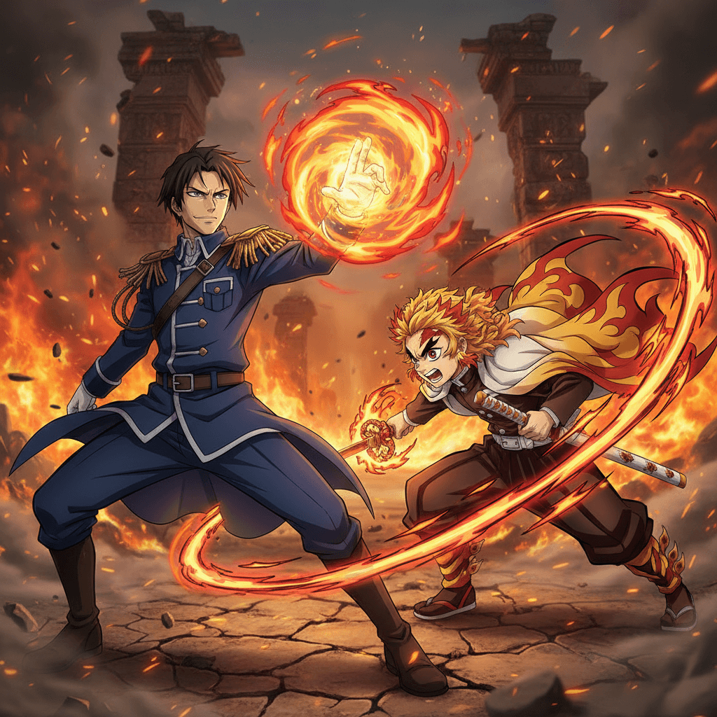 ロイ・マスタングと煉獄杏寿郎が対峙し、対戦ゲームのようなインターフェースを重ねることで、記事の主要なマッチアップ分析を表現しています。