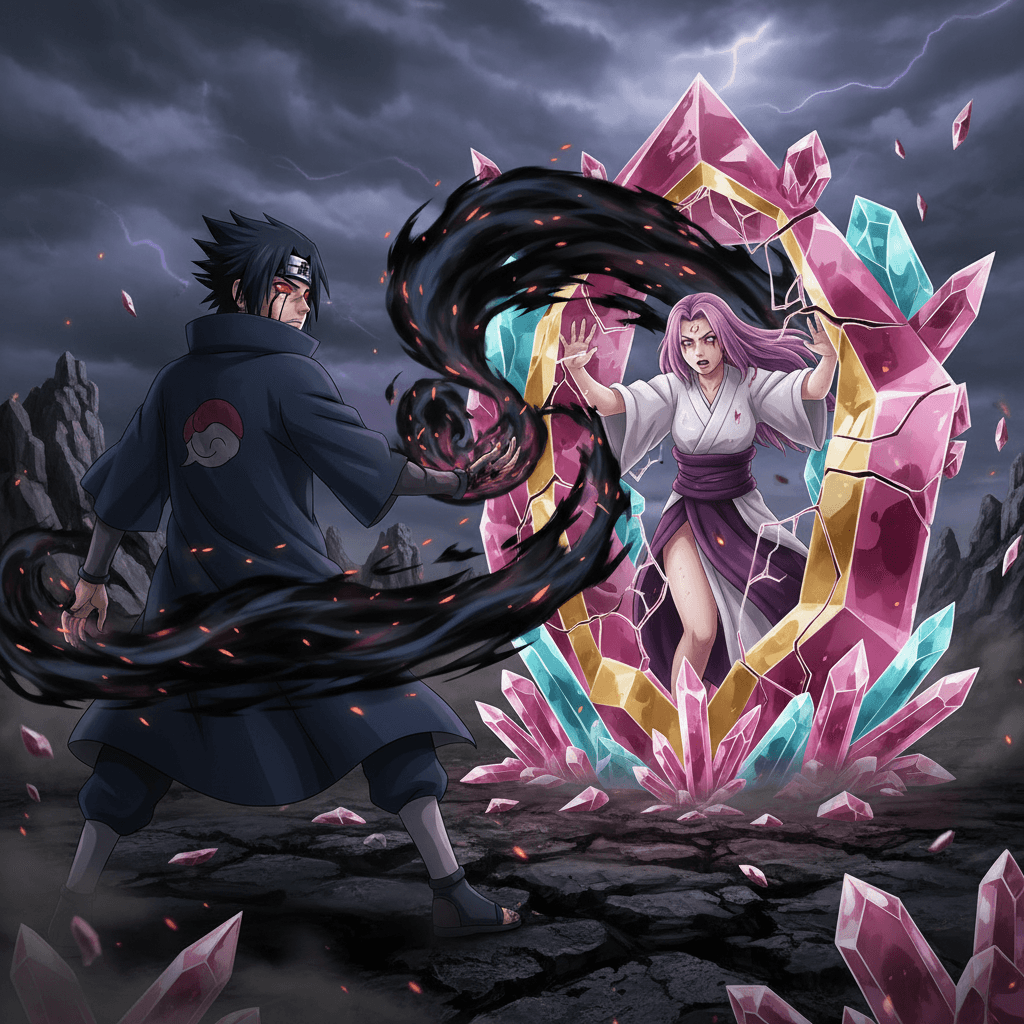 サスケの天照と紅蓮の晶遁が衝突する瞬間を、ゲーム画面風に表現。コントローラーのオーバーレイでゲーム記事であることを強調。