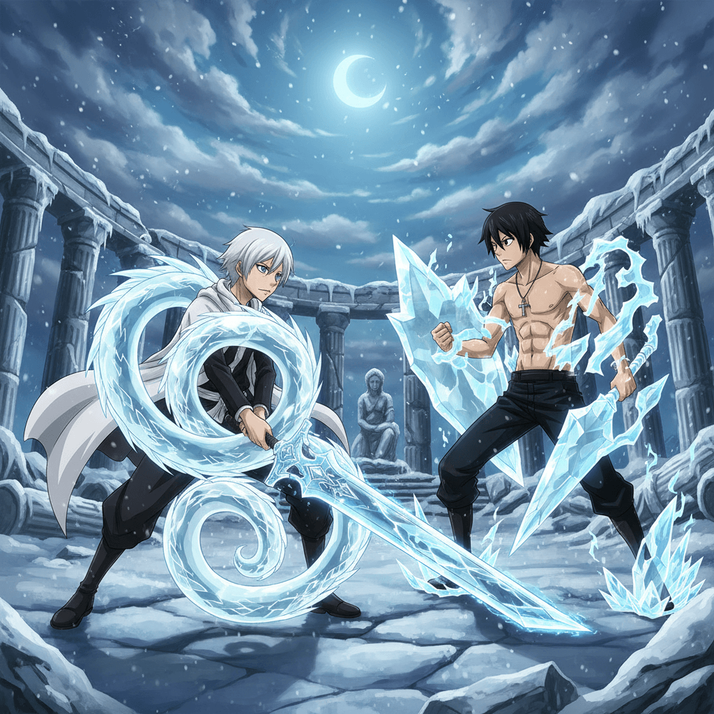 記事冒頭の夢の対決をイメージ。日番谷冬獅郎とグレイ・フルバスターが激突する瞬間をJUMP FORCEのようなゲームスタイルで表現。