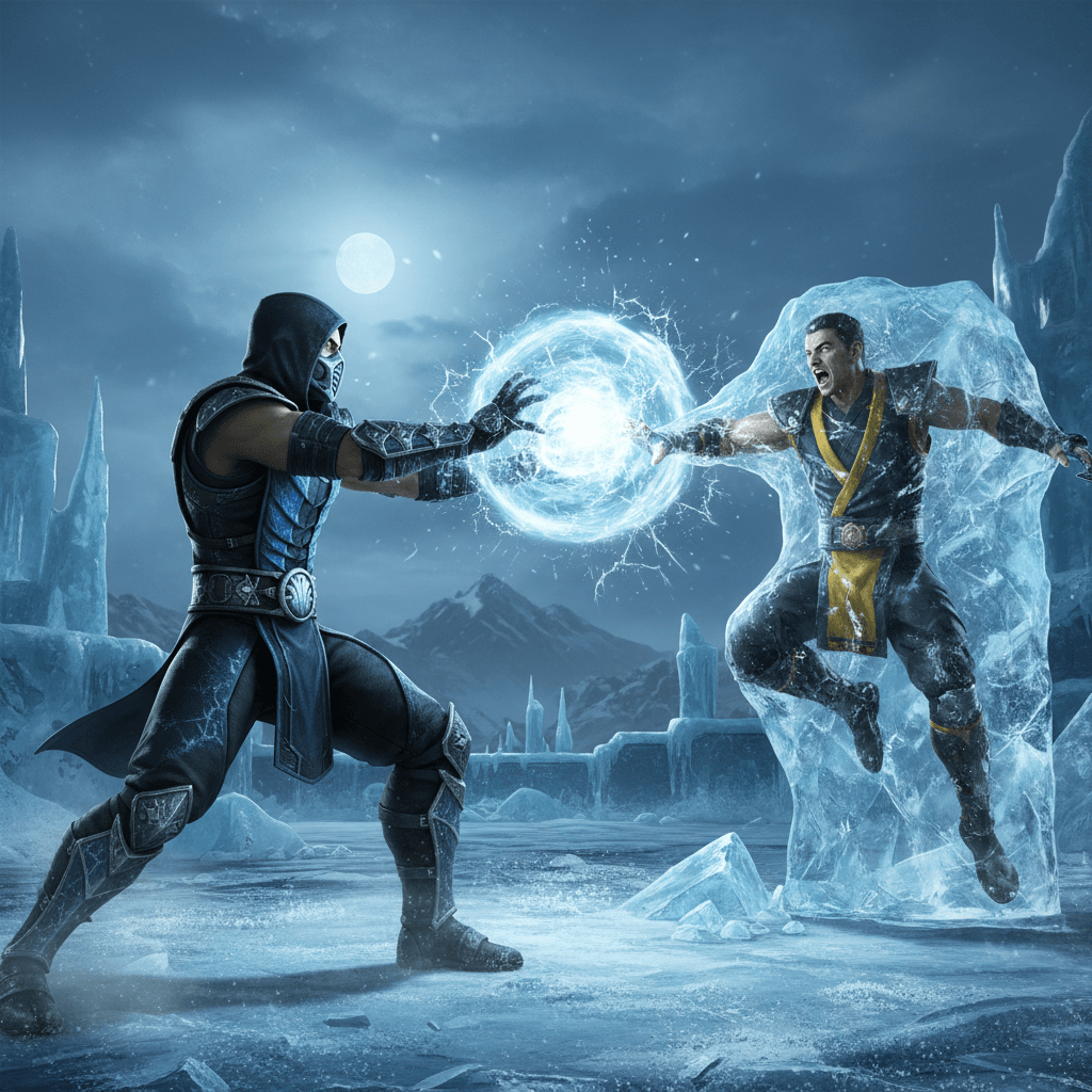 サブゼロの必殺技であるアイスボールを使い、対戦相手を凍らせる瞬間を切り取り、アーケードコントローラーの存在を加えて、記事の格闘ゲームにおけるサブゼロの戦術と操作環境への言及を表現しています。