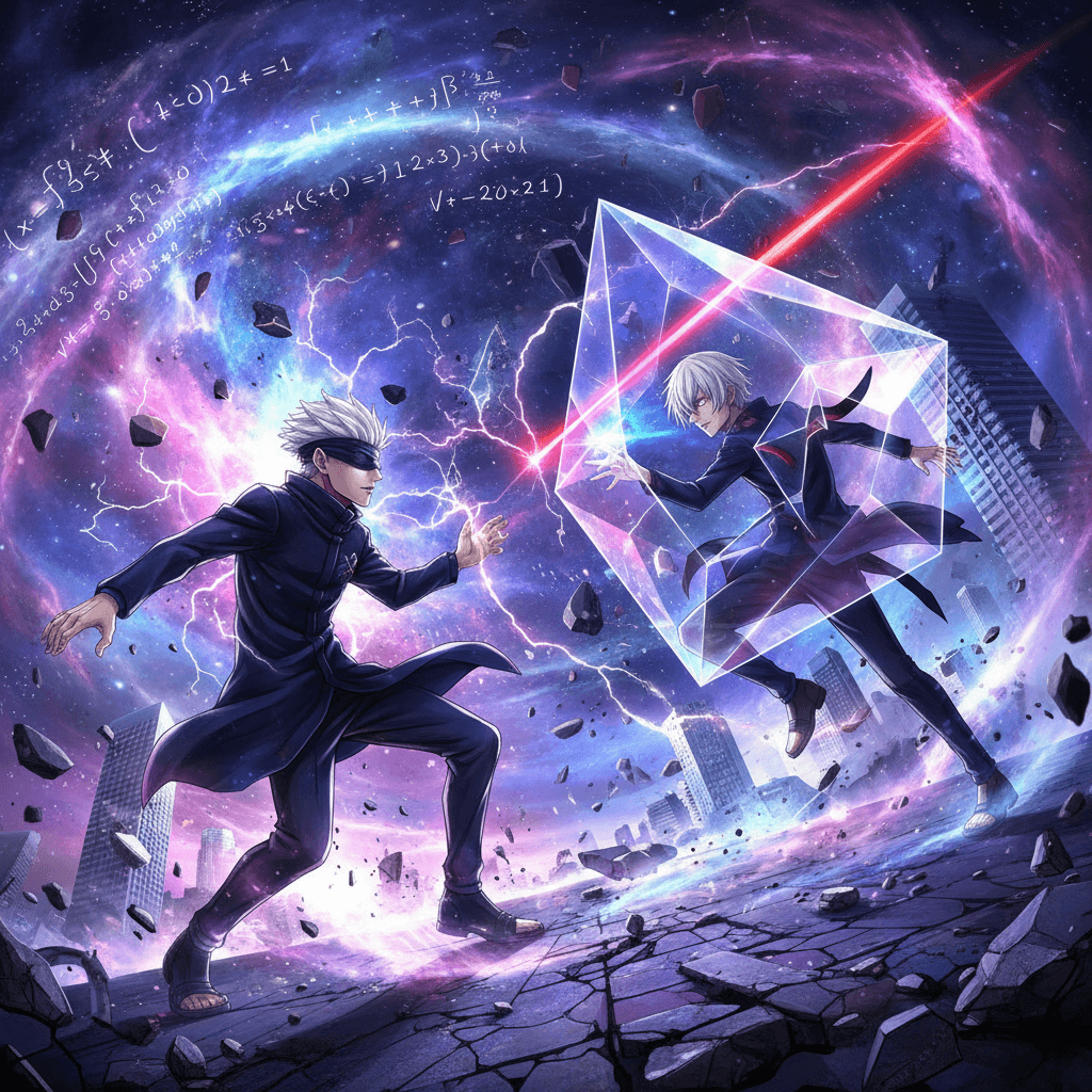 五条悟の無下限呪術とアクセラレータのベクトル変換が衝突する様子を、ゲームエンジン内部の処理として表現。エネルギーがぶつかり合う瞬間を強調。