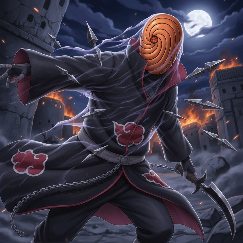 オビトが神威を発動し、攻撃を無効化する瞬間をゲーマー視点で表現。無敵フレームのイメージを強調します。