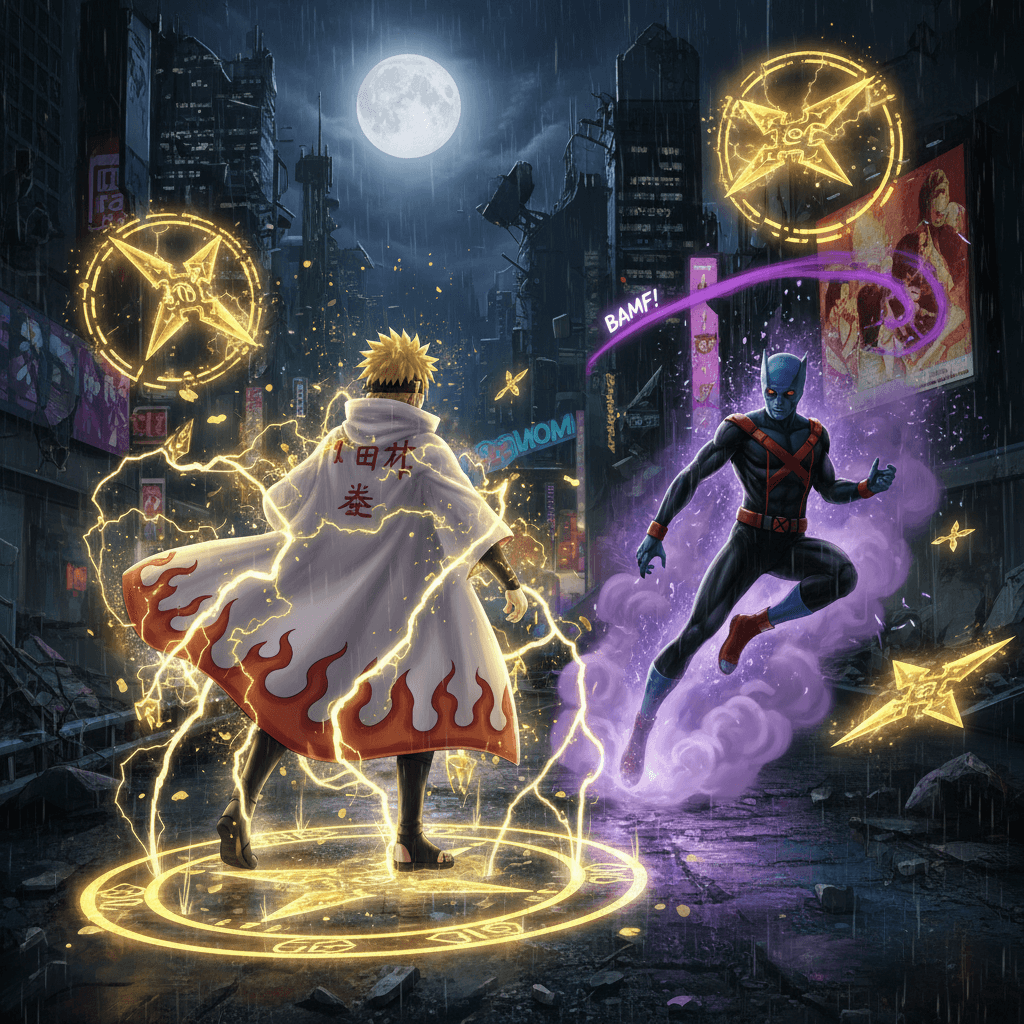 記事のタイトルと主要キャラクター、能力を組み合わせ、対決シーンをアニメスタイルで表現しています。