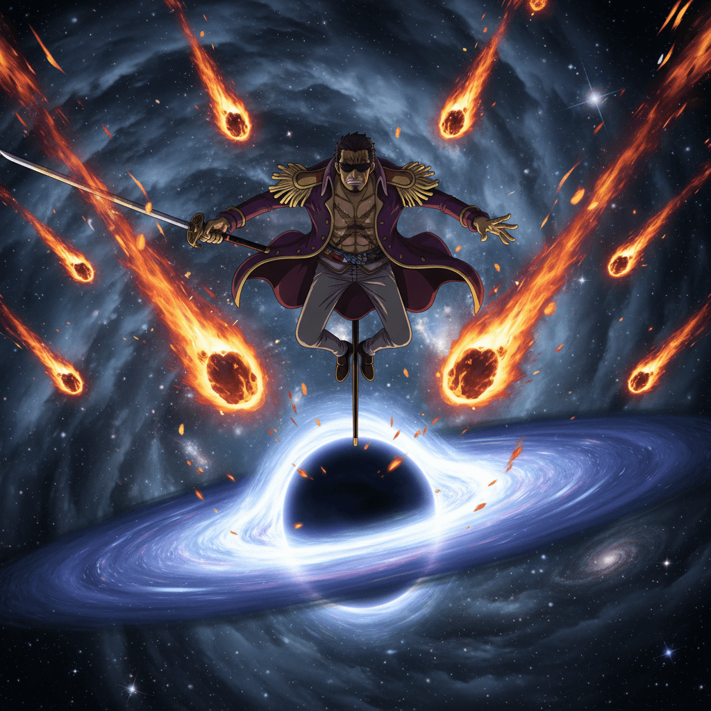 藤虎の隕石召喚とブラックホールの引力が衝突する、記事のメイン対決シーンを表現しています。物理演算の激しさを視覚的に訴えます。