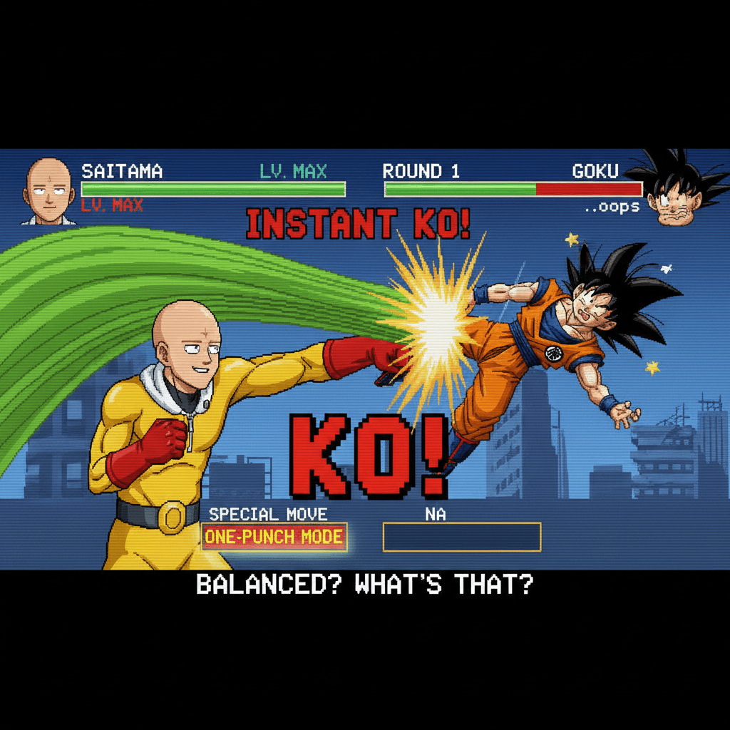 サイタマの一撃で悟空がKOされる、ゲームバランスが崩壊した瞬間を表現。記事の「チートキャラ」としてのサイタマを視覚化。