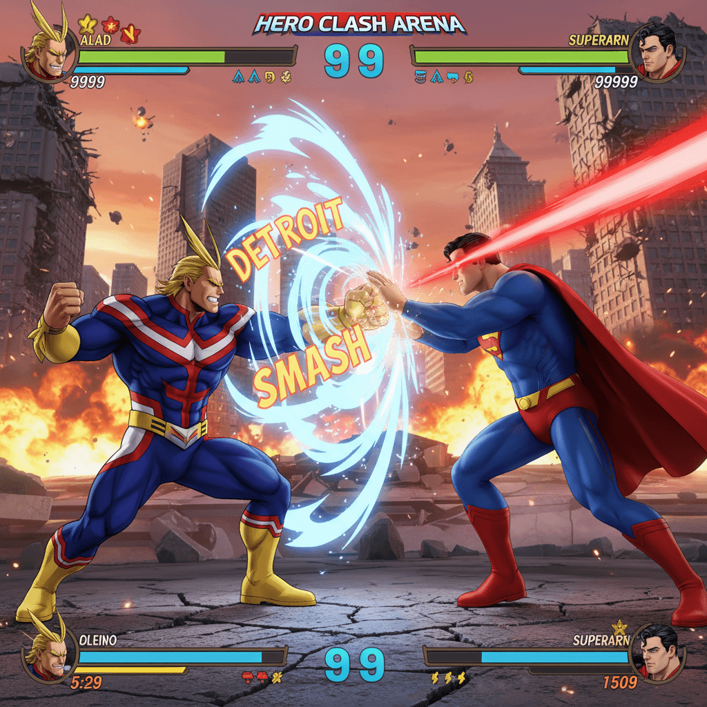 オールマイトとスーパーマンの必殺技がぶつかり合う瞬間を、格闘ゲームのインターフェースと合わせて表現し、ゲーム対決のテーマを強調します。