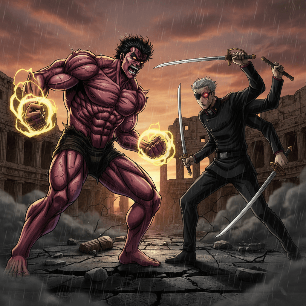 範馬勇次郎の鬼の貌発動と、キング・ブラッドレイの最強の眼がぶつかり合う、格闘ゲームでの対決シーンを表現しています。記事の「Round 2: スキル発動」と「マッチアップ考察」をイメージしています。