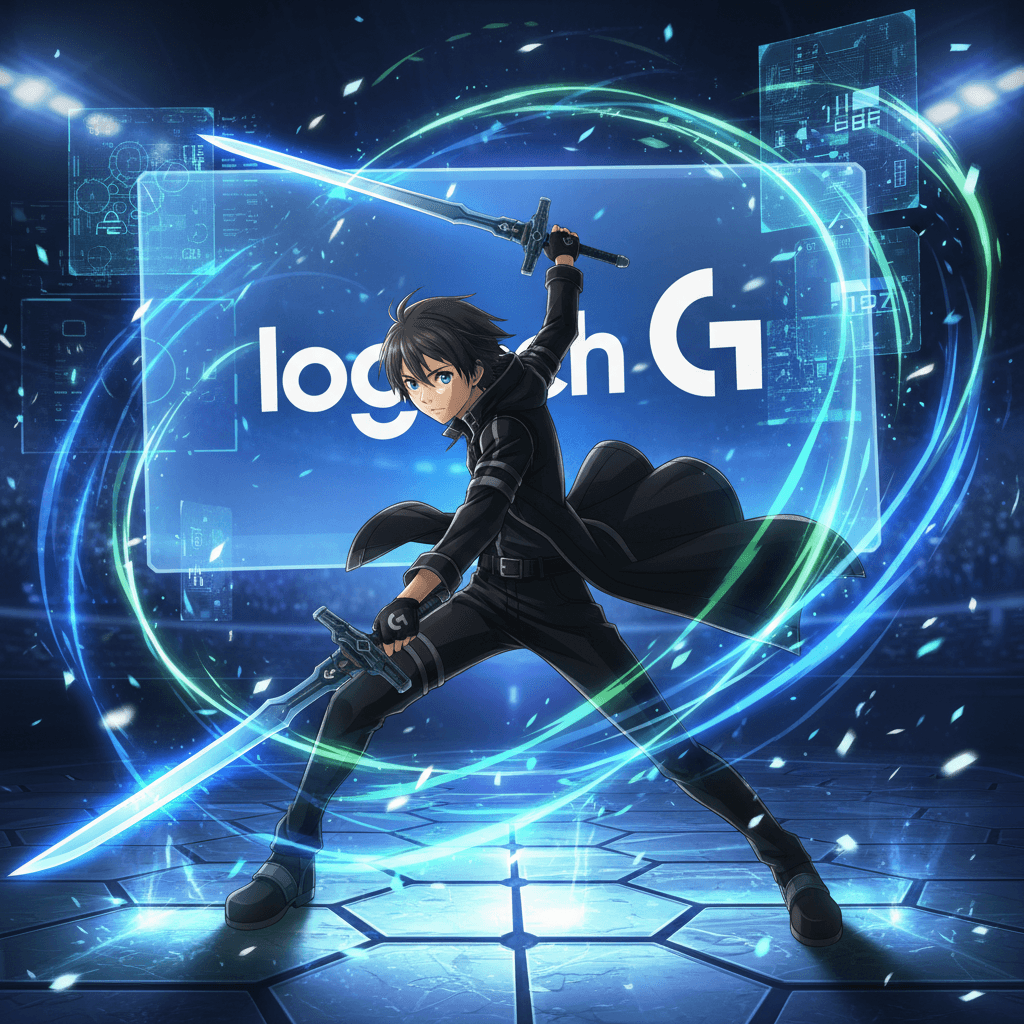 キリトの二刀流スタイルと、推奨デバイスであるLogitech G Pro X Superlight 2マウス、高リフレッシュレートモニターを組み合わせて、スピード感を強調したイメージ。