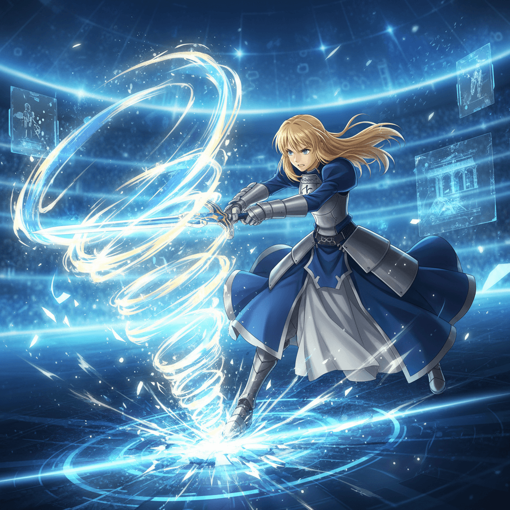 セイバーがエクスカリバーを発動するシーンを、ゲーム内のアリーナを背景に描画。宝具の威力を強調し、ゲーム的なHUD要素を加えることで記事の「ゲーム的視点」を表現。