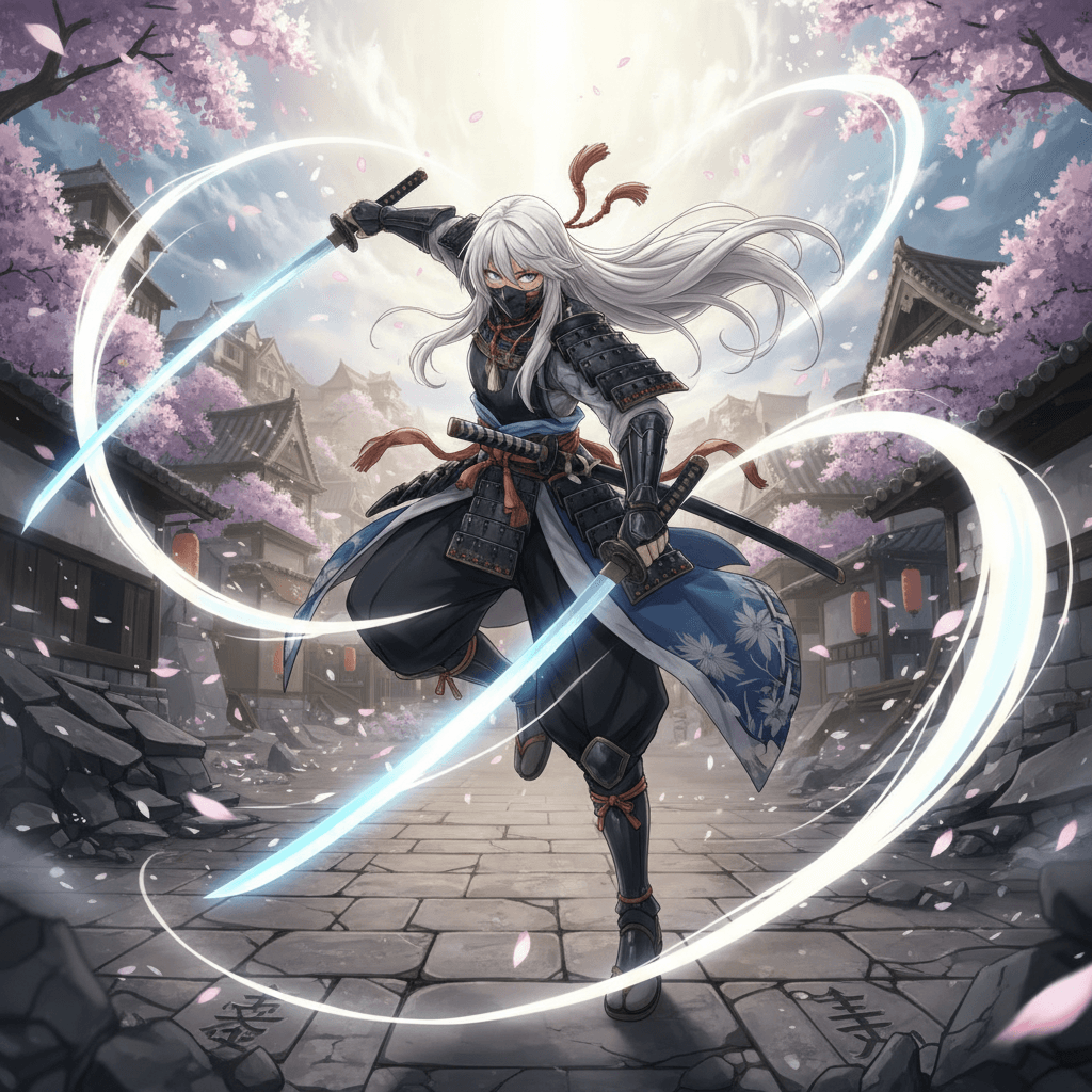 Fate版武蔵のゲーム内でのアクションシーンをイメージし、華麗な剣技と和風背景を組み合わせました。彼女の二刀流と、技の派手さを表現しています。