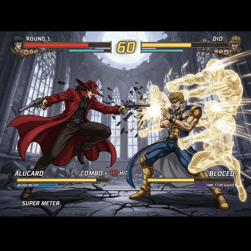 アーカードとDIOが対戦格闘ゲームで戦っている様子を表現し、記事冒頭の「最凶マッチアップ」を視覚化します。