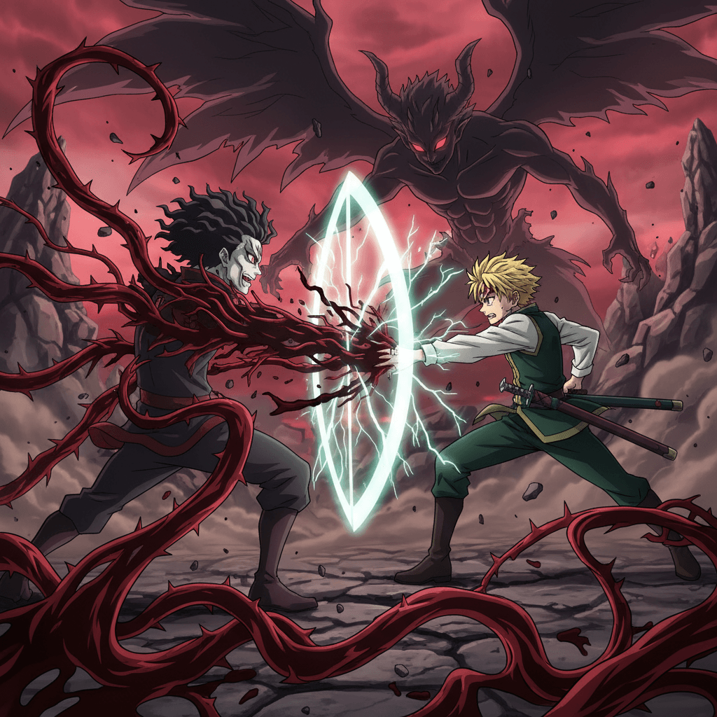 記事の主要な対決シーンである、無惨の広範囲攻撃とメリオダスのカウンター能力の相性を表現しています。Unreal Engine 5でのリアルな描写を指示することで、記事内で言及されている技術革新を反映させています。