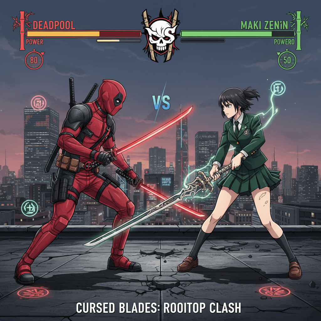 記事のメインテーマであるデッドプールと禪院真希の対決シーンを、ゲームの戦闘アリーナを背景に表現しています。二人の主要武器（刀と釈魂刀）も強調しています。