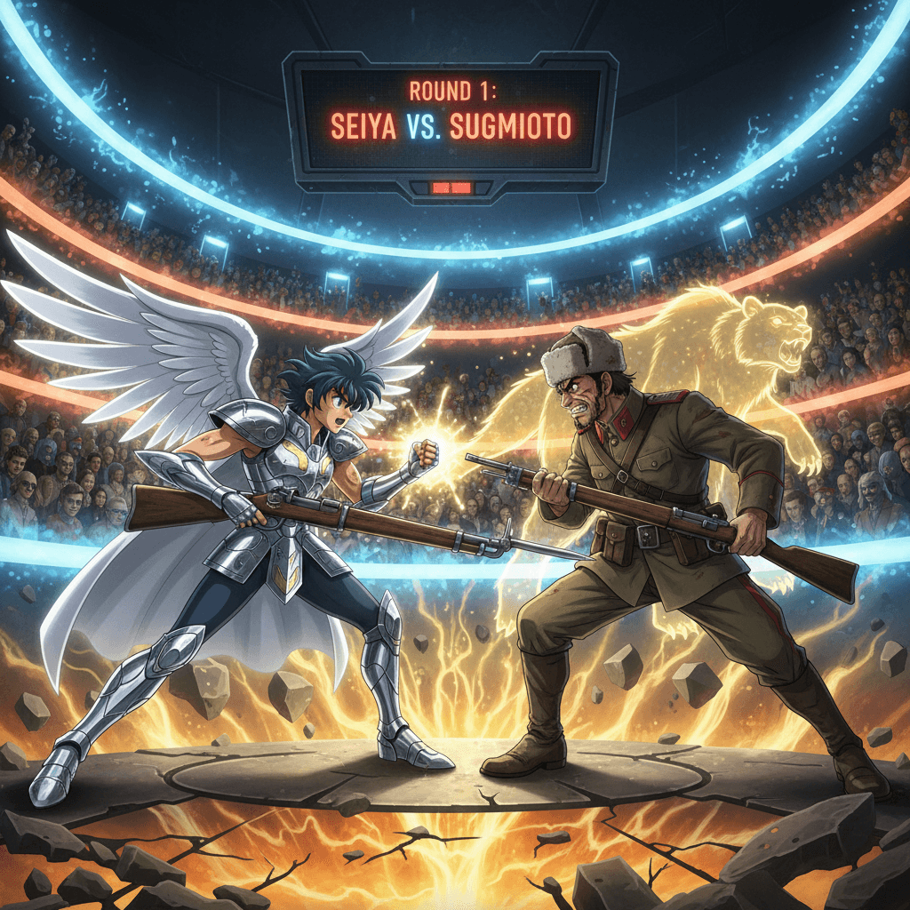 聖闘士星矢の星矢とゴールデンカムイの杉元が、ゲームの対戦アリーナで戦っている様子を表現します。HPバーやコントローラーのオーバーレイ表示で、ゲーム的な対戦を強調します。