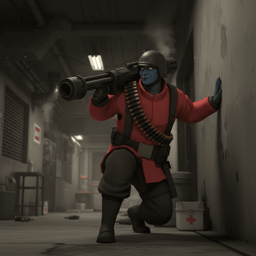 ミスティークがTeam Fortress 2の世界に入り込み、スパイ活動を行っている様子を表現しています。記事中のミスティークのゲームメカニクス特徴部分を視覚化。