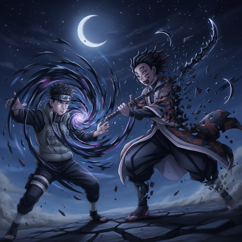 カカシの神威による狙撃と、黒死牟の月の呼吸による斬撃が交錯する、遠距離戦での攻防を表現。記事内の「距離の支配権」に関する考察を視覚化。