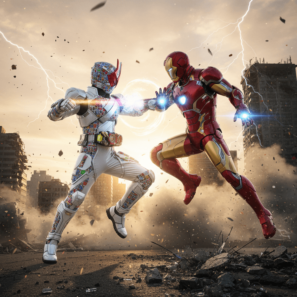 記事のRound 1を視覚化。桐生戦兎の「全スキル習得済みのカンストキャラ」としてのジーニアスフォームと、トニー・スタークの進化し続けるナノテクアーマーの対比を描写します。