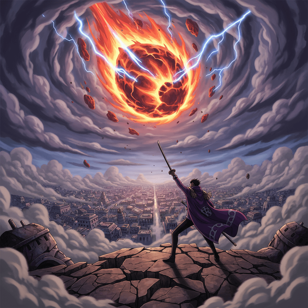 記事の「第2ラウンド:環境利用(マップギミック)」で言及されている、藤虎の隕石落としを表現しています。物理演算の負荷が高い状況を視覚的に示唆しています。