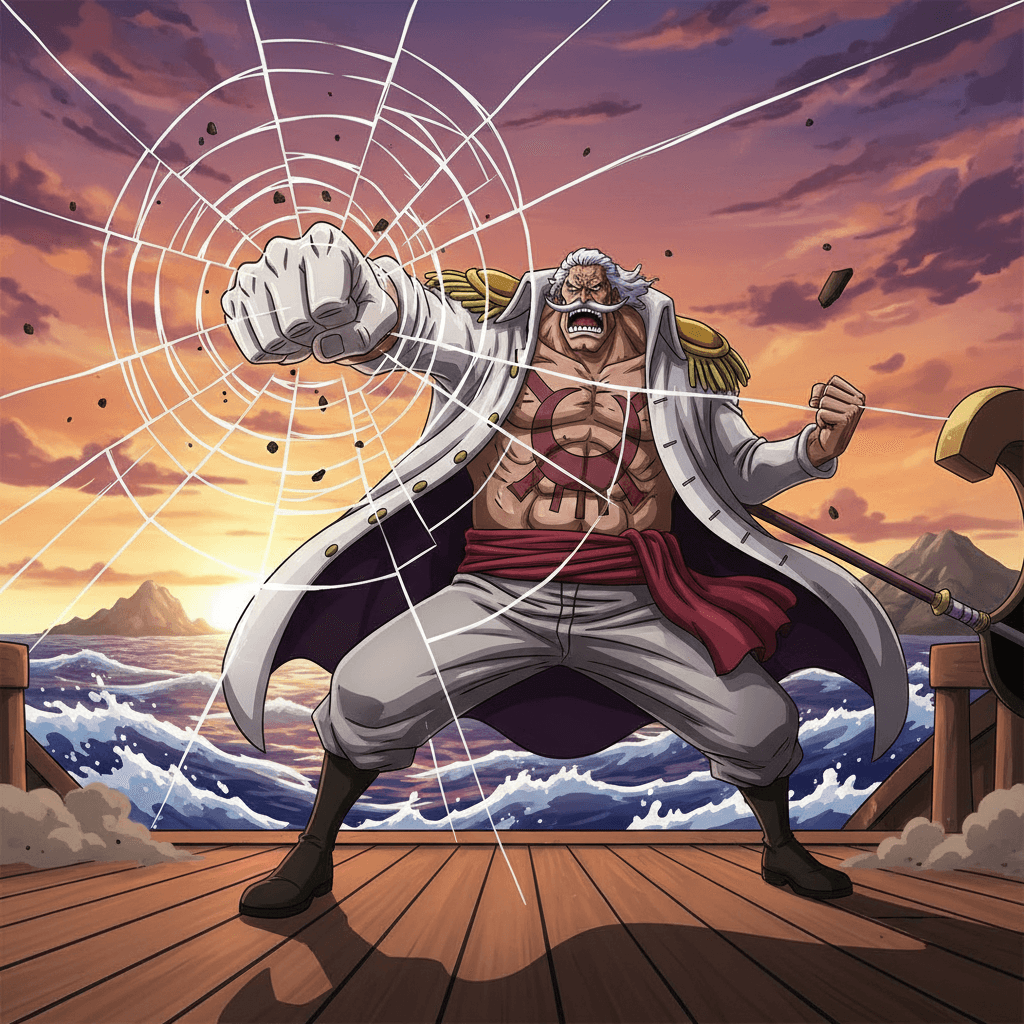 グラグラの実の圧倒的な破壊力を表現。白ひげがマリンフォードを揺るがすシーンを、ゲーム的な視点と迫力で描写。記事前半部分を視覚化。