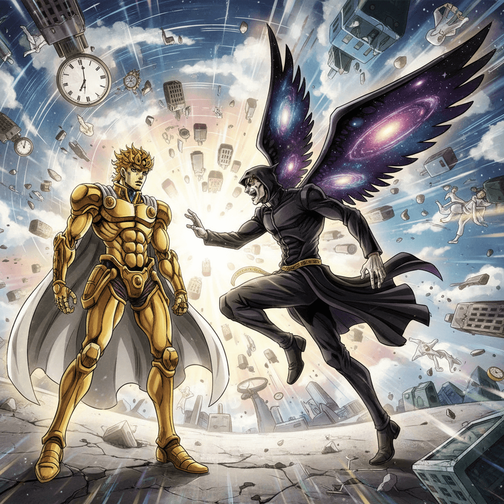 記事のメインテーマであるMIHとGERの対決シーンをイメージ。両者の能力を視覚的に表現し、ジョジョらしいエフェクトを加える。