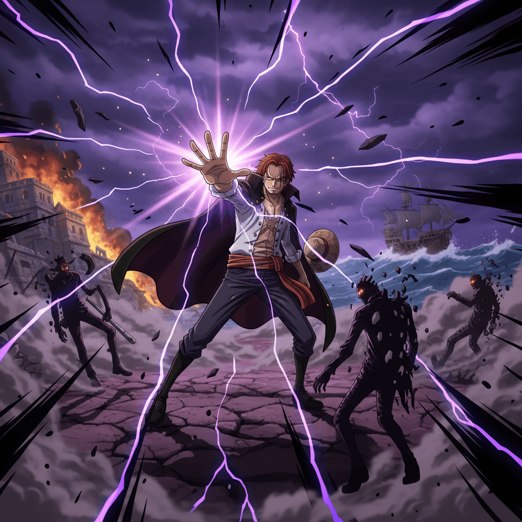 シャンクスの覇気がゲーム内で発動し、敵を圧倒している様子を描写します。記事の「赤髪のシャンクス：圧倒的な「覇気」による盤面支配」セクションを視覚化。