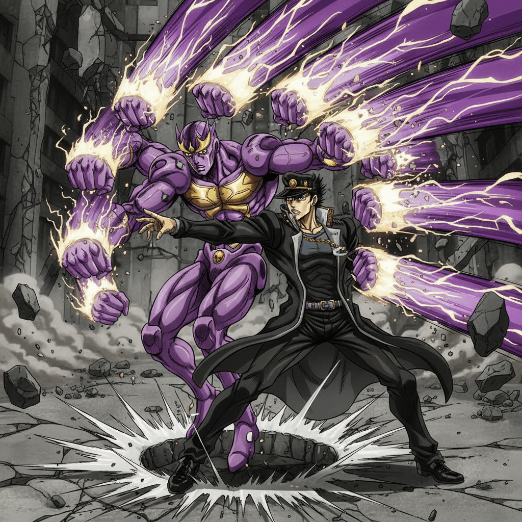 承太郎のスタープラチナとジョナサンの波紋が激突する、記事のメインテーマである世代を超えた対決を表現しています。