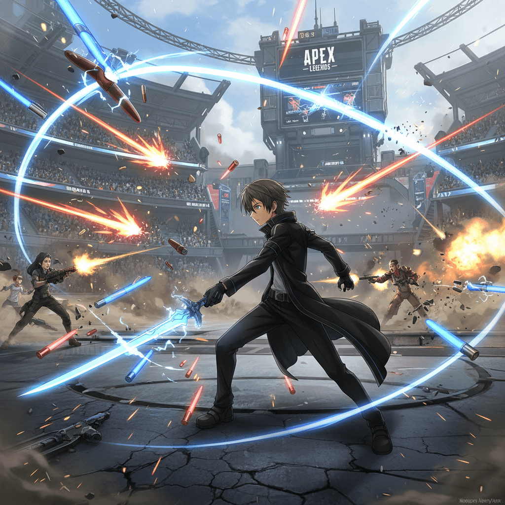 キリトとシロのFPS対決（ラウンド1）をイメージ。キリトの近接戦とシロの遠距離狙撃の対比を表現しています。