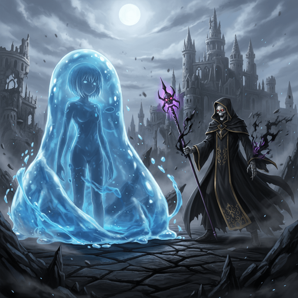 記事の冒頭で提示されたリムルとアインズの対決シーンを、ゲーム画面風に表現しています。両者のステータスやスキルが視覚的にわかるようにすることで、ゲーミング視点での分析というテーマを強調しています。