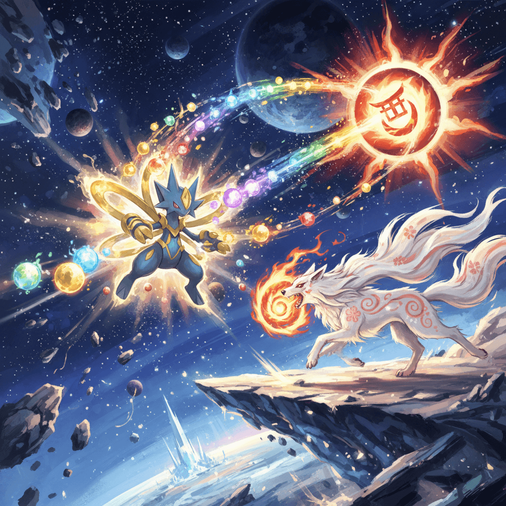 アルセウスの「さばきのつぶて」とアマテラスの「霧隠」を組み合わせた戦闘シーンを描写し、記事のメインテーマである創造神対決を表現しています。