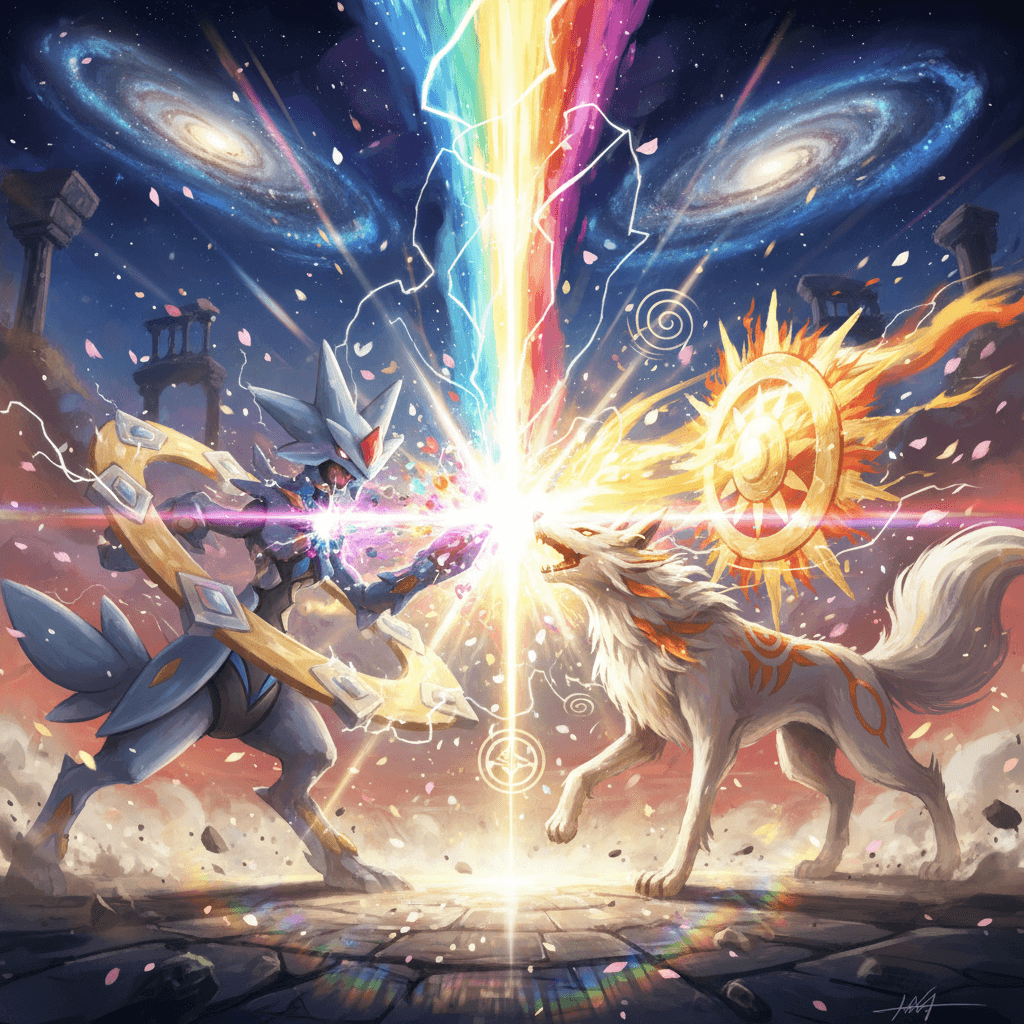 記事のタイトルとメインテーマである創造神同士の対決を表現。アルセウスとアマテラスが互いに向かい合い、激しいエネルギーを放出している様子を描写。