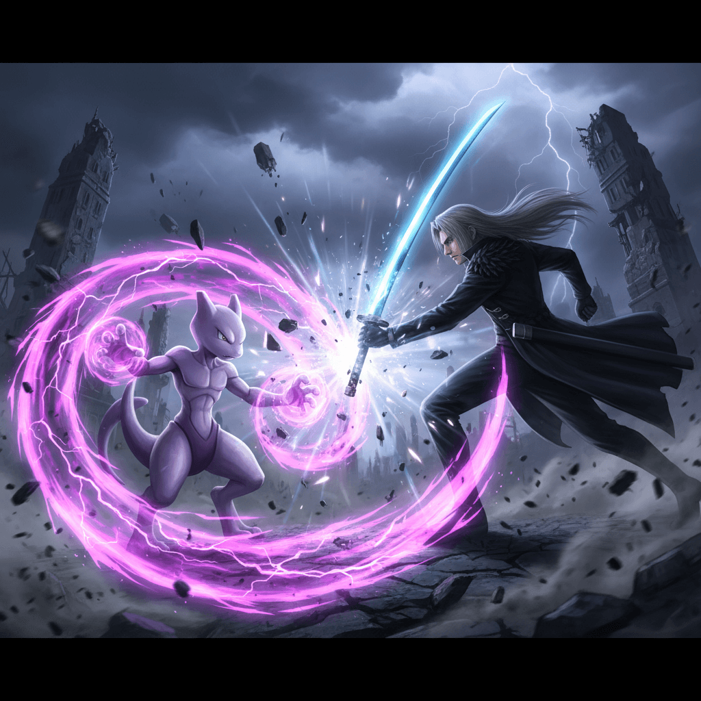 ミュウツーとセフィロスの対決シーンを、それぞれの代表的な能力とともに描写し、記事全体のテーマである「運命の衝突」を表現しています。