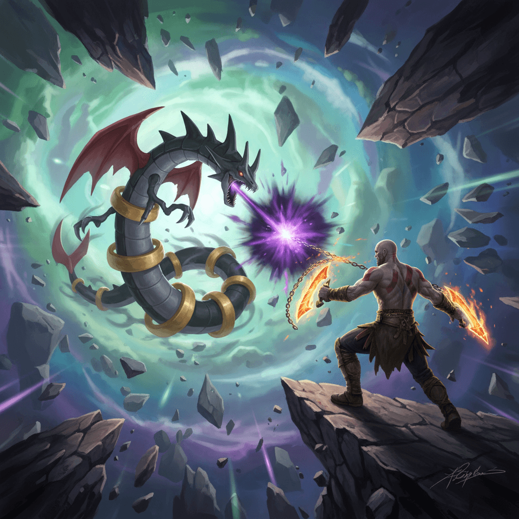 ギラティナとクレイトスが「破れた世界」で戦う様子を表現。重力が変化する環境と、二人の激しいアクションを強調します。