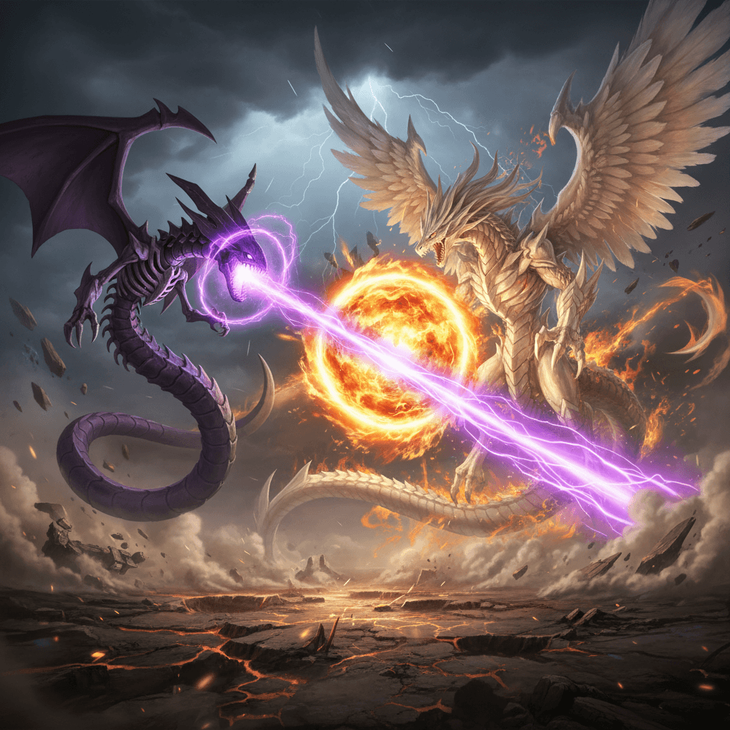 ムゲンダイナのムゲンダイビームとバハムートのテラフレアが激突する、最大火力の撃ち合いのシーンを表現しています。