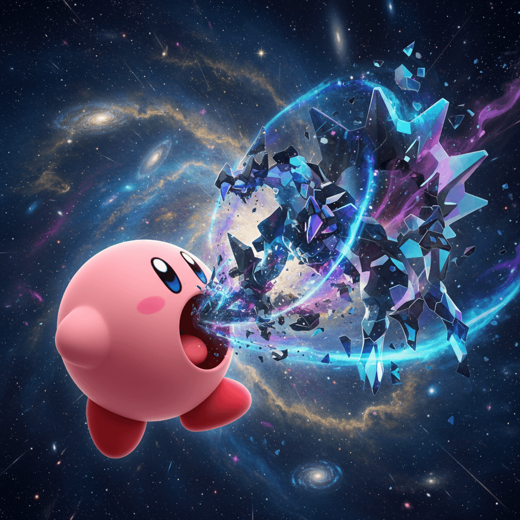 カービィがネクロズマを吸い込もうとする、記事のメインテーマであるパラドックスの衝突を表現しています。