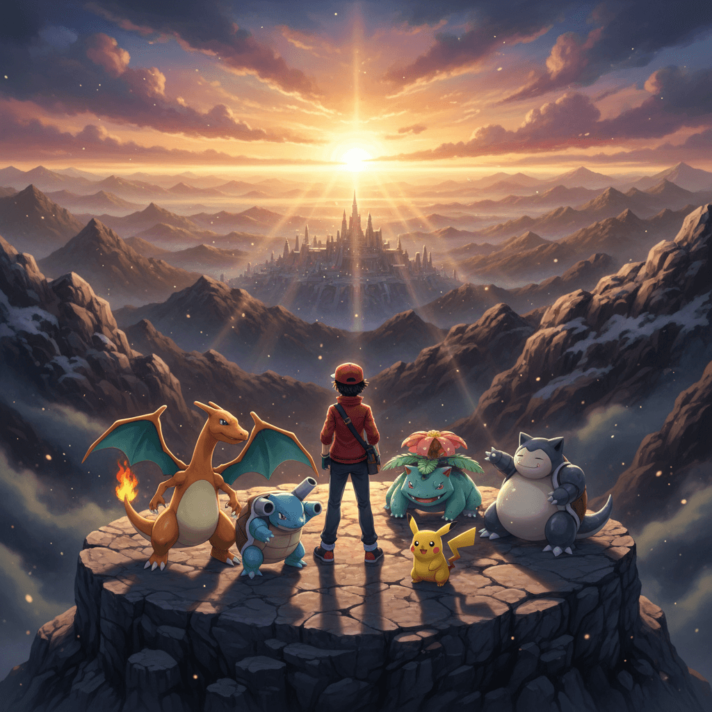 レッドが6匹のポケモンを選び、チームを構築する様子を表現。各ポケモンの役割を視覚的に示唆し、戦略的な雰囲気を強調。