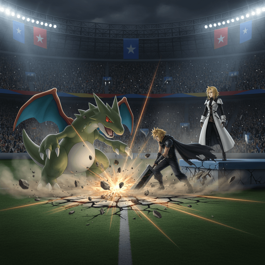 記事冒頭のシロナとクラウドの対決を、ゲーム競技場を舞台に表現。ガブリアスとバスターソードのアクションも加えることで、記事のテーマを象徴的に描写します。