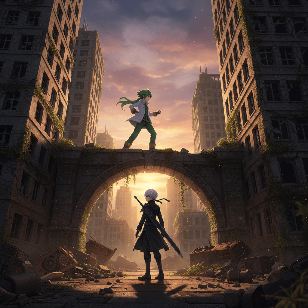 Nと9Sが対峙するシミュレーションのイメージ。数式とデータが飛び交い、二人の運命が交差する瞬間を表現。