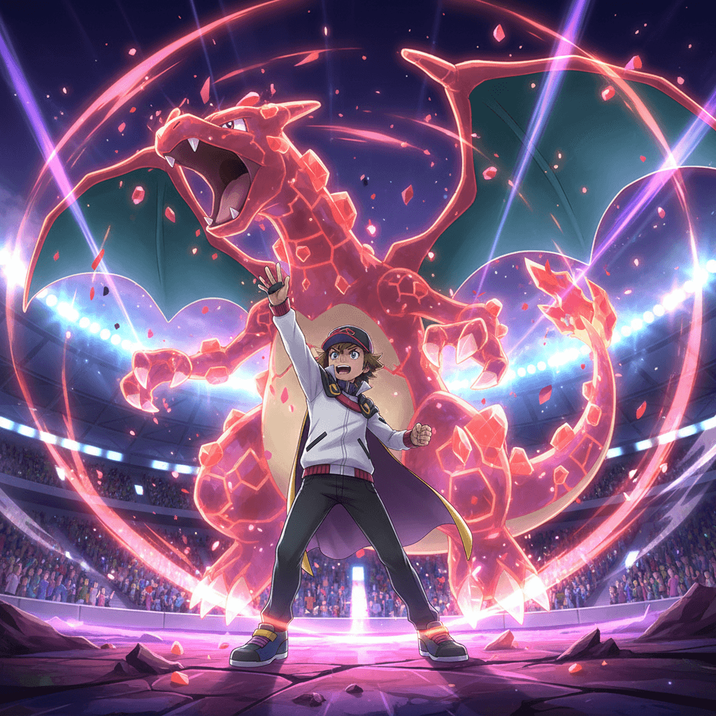 ダンデの魅せるバトル、特にキョダイマックスリザードンによる派手な演出と、ガラル地方のスタジアムの熱狂を表現しています。