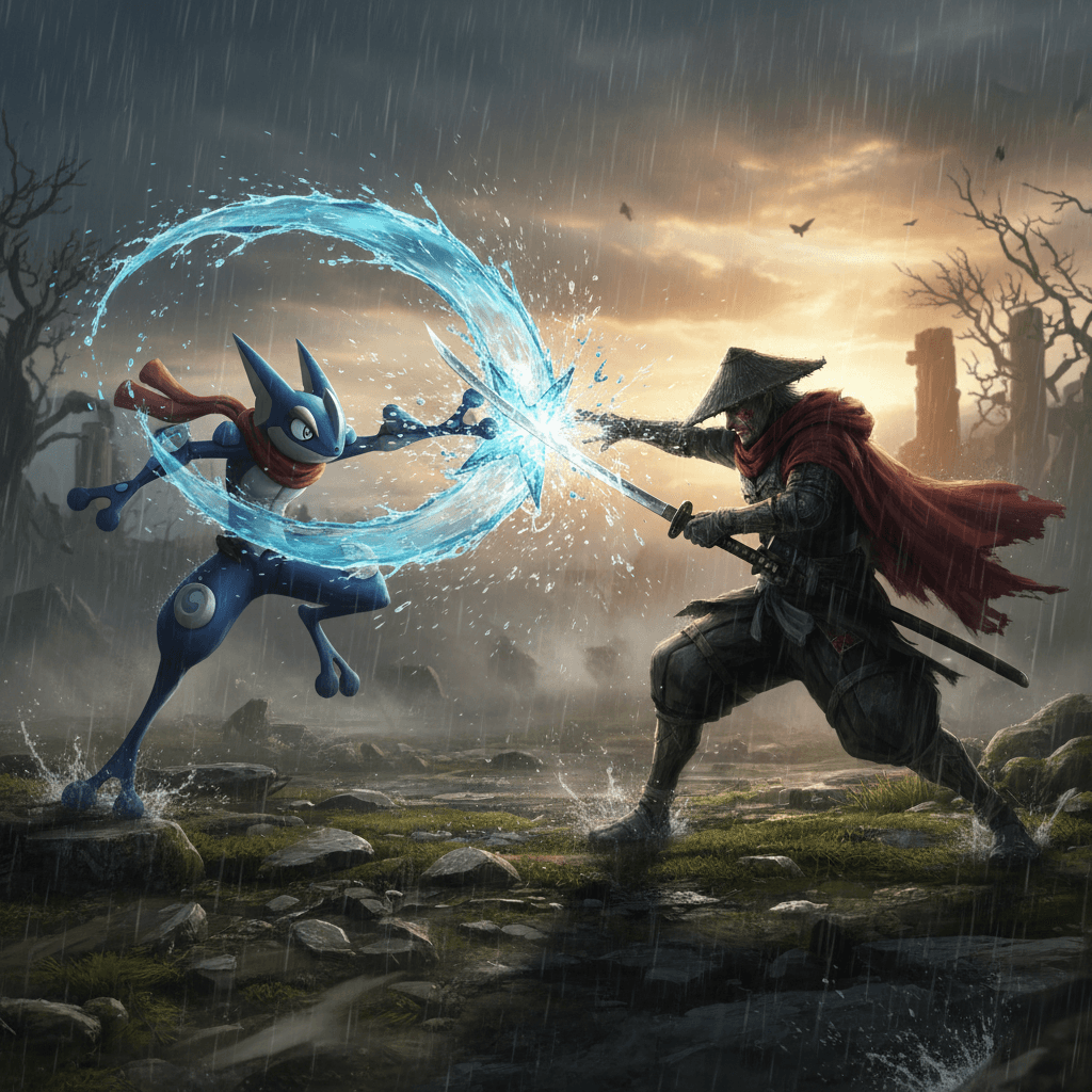 ゲッコウガの水手裏剣と隻狼のパリィによる近接戦闘を表現。記事の「攻撃性能」の比較部分を視覚化しています。